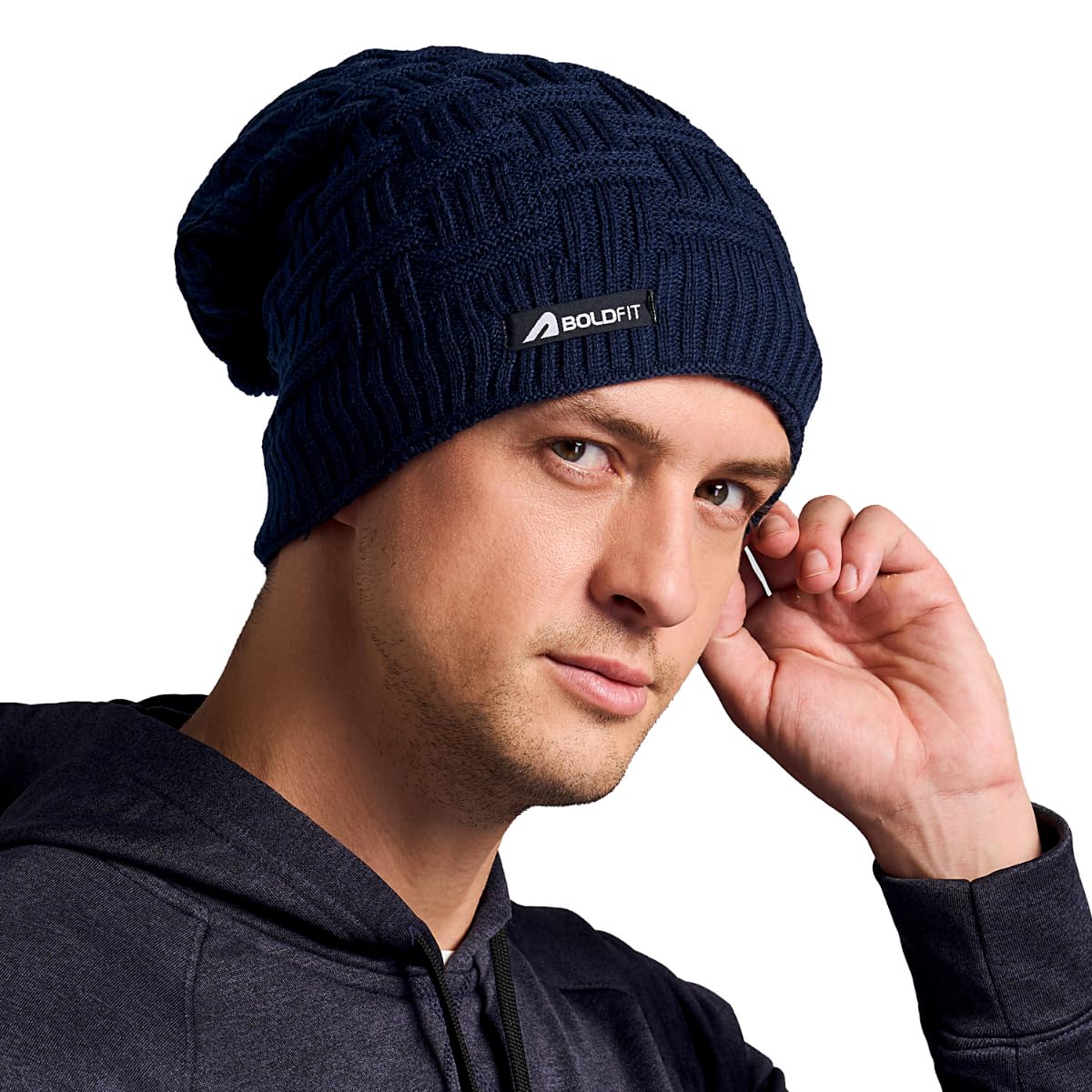 Boldfit Winter Cap WCBLong Navy Blue Free size