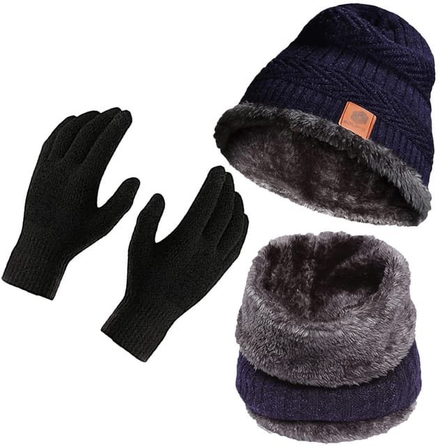 Boldfit Winter Cap Set Black Blue Free size